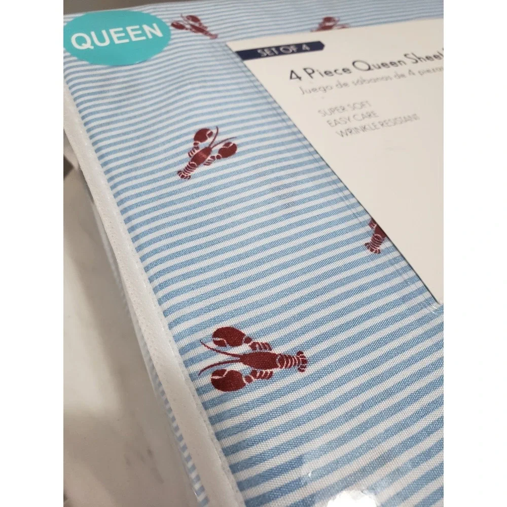NEW 4 PC QUEEN SIZE sheet set lobster print nautical beach blue chambray stripes